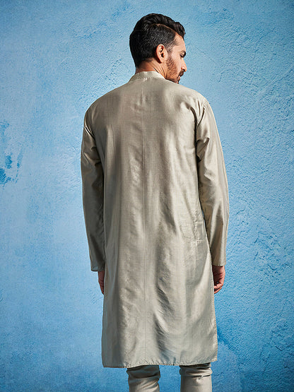 Men's Chiku Silk Blend Straight Kurta And Pyjama Set.