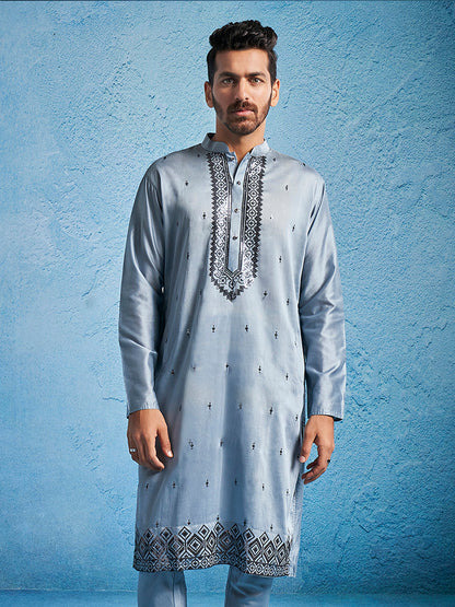 Men's Gray Silk Blend Straight Kurta