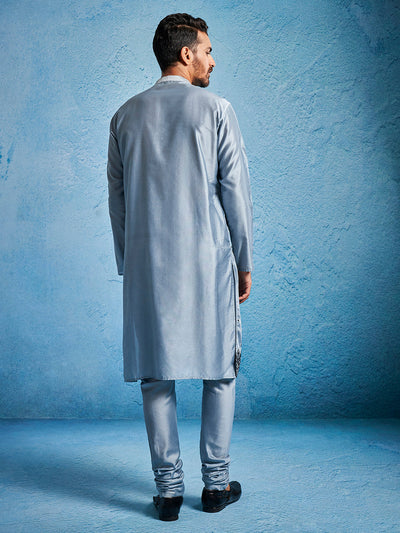 Men's Gray Silk Blend Straight Kurta And Pyjama Set.