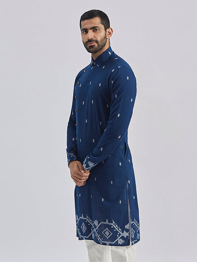 Men's Navy Blue Cotton Straight Kurta