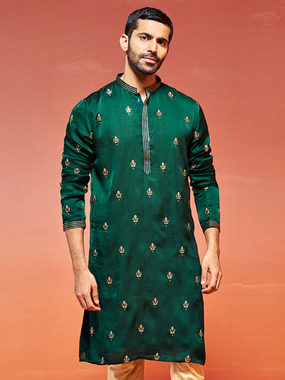 Men's Bottle Green Silk Blend Straight Kurta