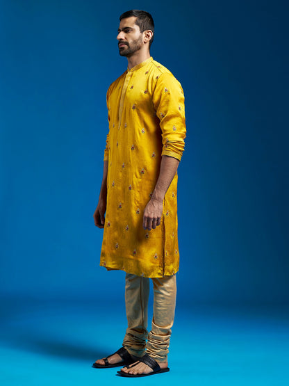 Men's Mustard Silk Blend Straight Kurta And Pyjama Set