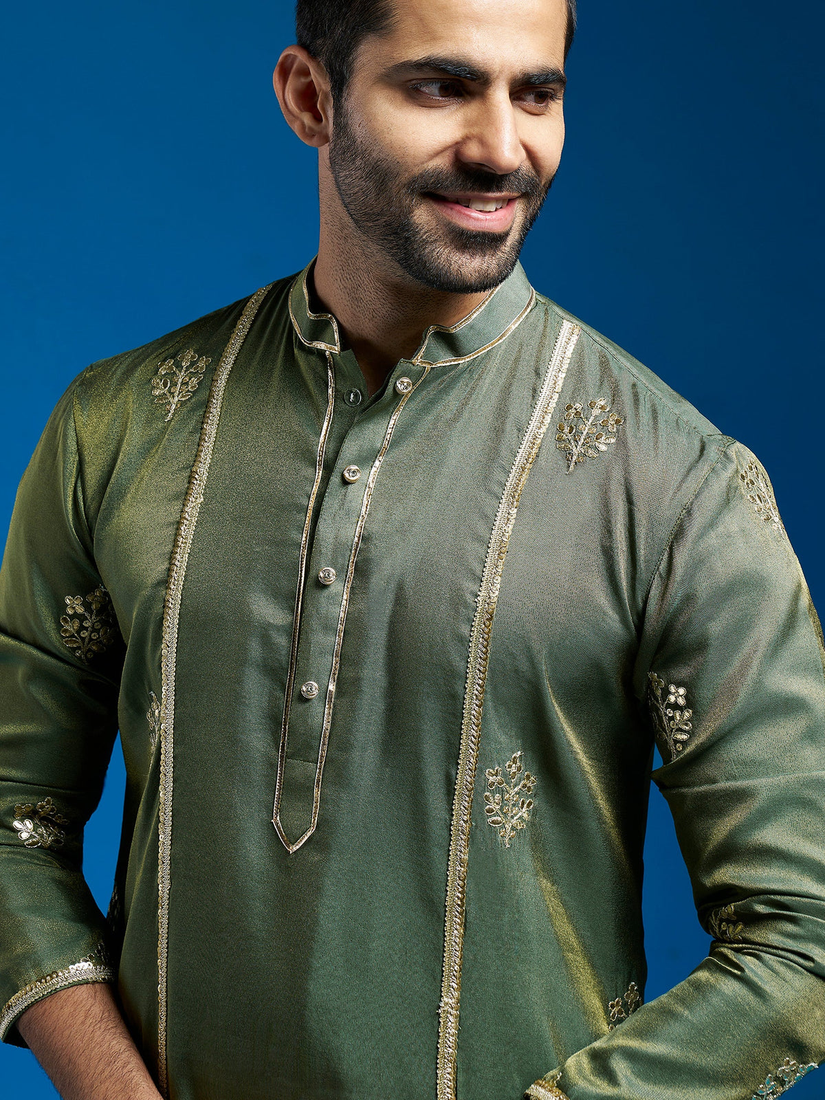 Men's Green Tissue  Straight Kurta And Patiala Set