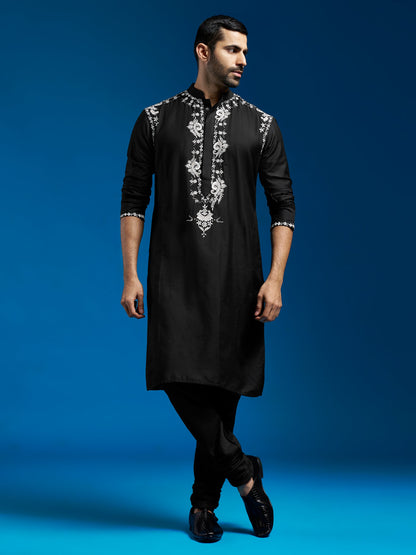 Men's Black Viscose Straight Kurta