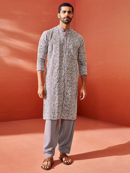 Men's Levender Georgette Straight Kurta And Patiala Set