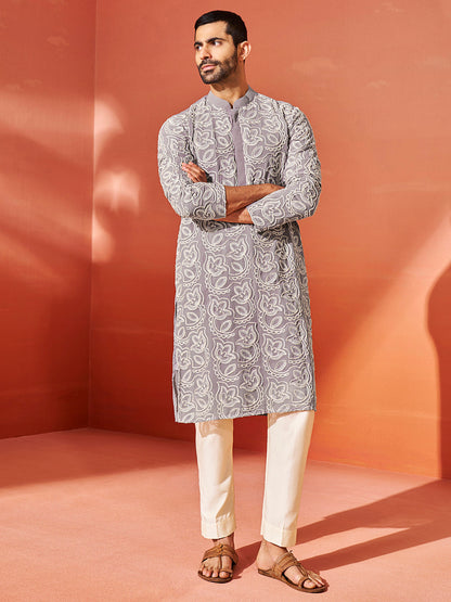 Men's Levender Georgette Straight Kurta And Pyjama Set