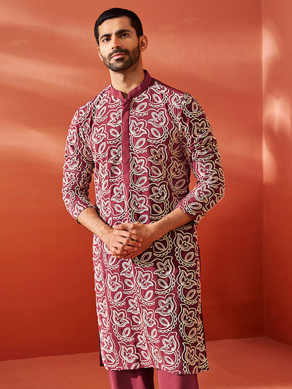 Men's Maroon Georgette Straight Kurta