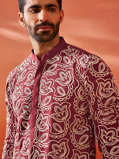Men's Maroon Georgette Straight Kurta