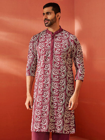Men's Maroon Georgette Straight Kurta