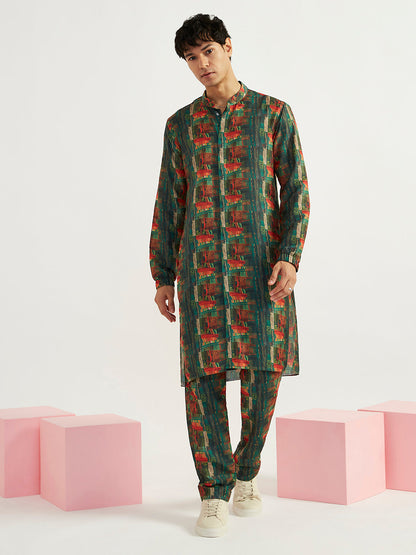Men's Green Crepe Straight Kurta And Pyjama Set