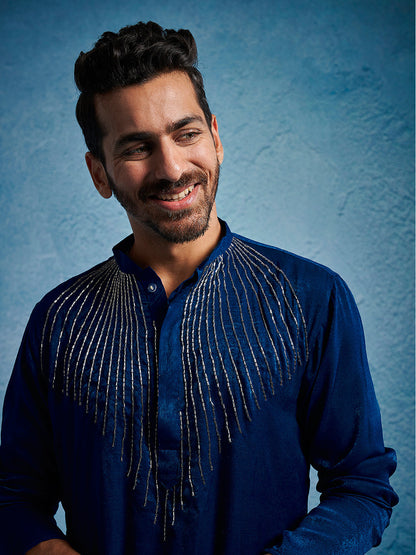 Men's Turquoise Silk Blend Straight Kurta