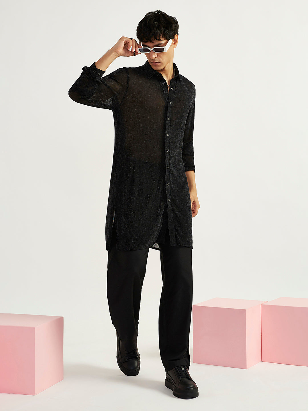 Men's Black Lycra Straight Kurta And Pyjama Set