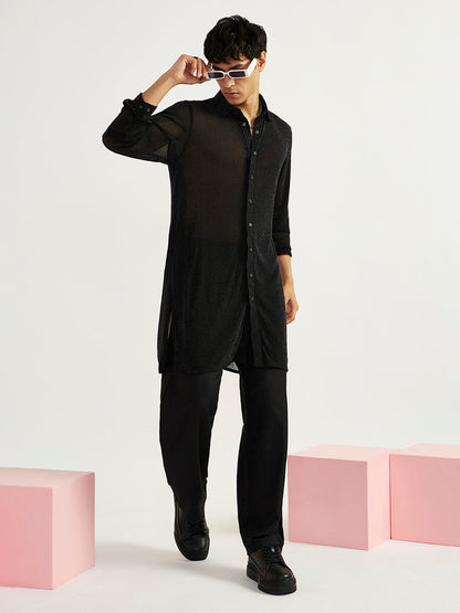 Men's Black Lycra Straight Kurta And Pyjama Set