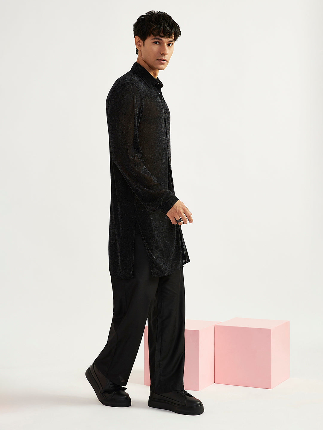 Men's Black Lycra Straight Kurta And Pyjama Set