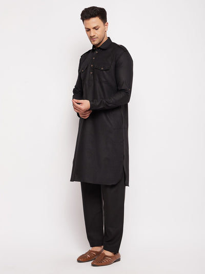 Men's Black Cotton Blend Straight Kurta Pyjama Set