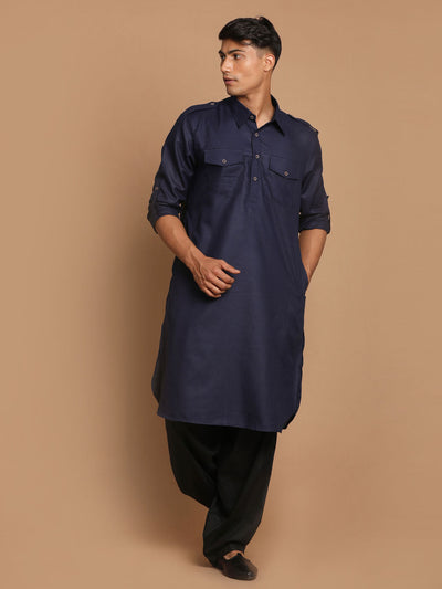 Men's Blue Cotton Blend Pathani Pathani Kurta Set