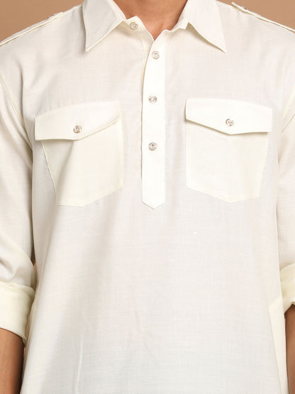 Men's Cream Cotton Blend Pathani Pathani Kurta Set