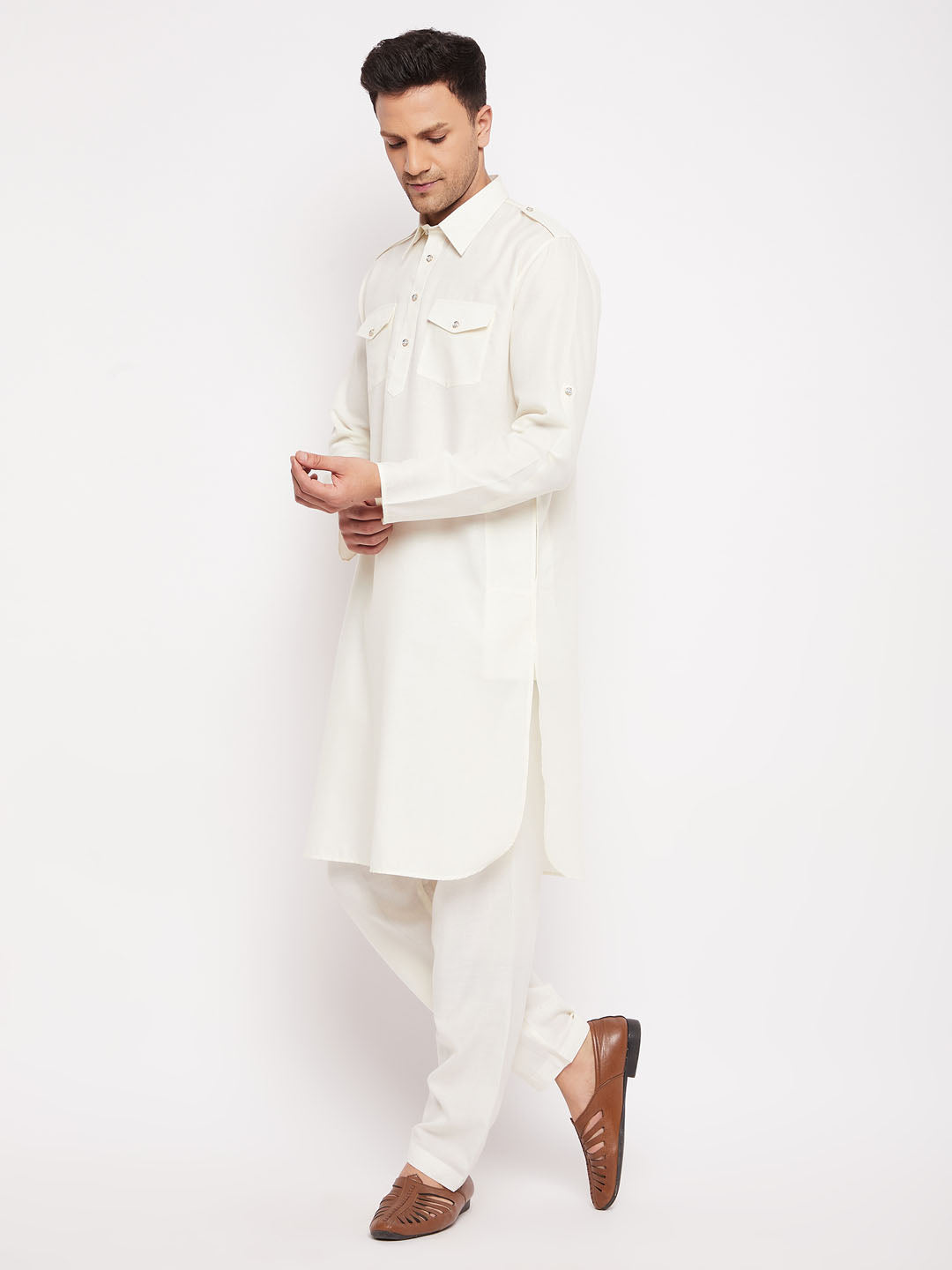 Men's Cream Cotton Blend Pathani Kurta Pyjama Set