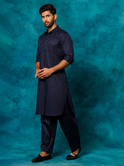 Men's Blue Cotton Blend Pathani Pathani Kurta Set