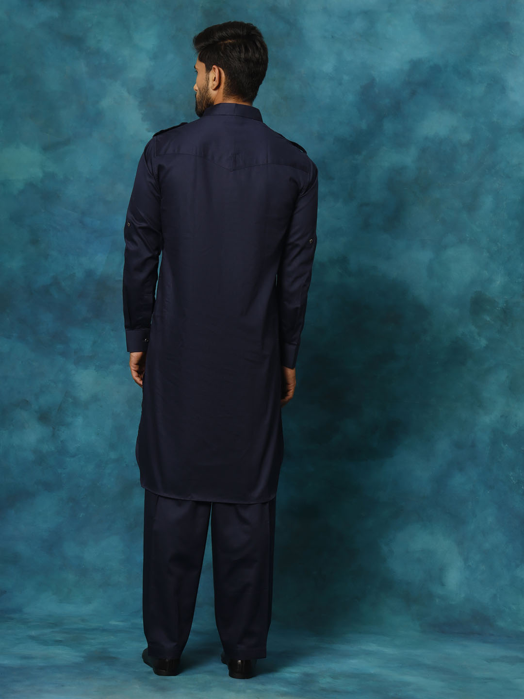 Men's Blue Cotton Blend Pathani Pathani Kurta Set