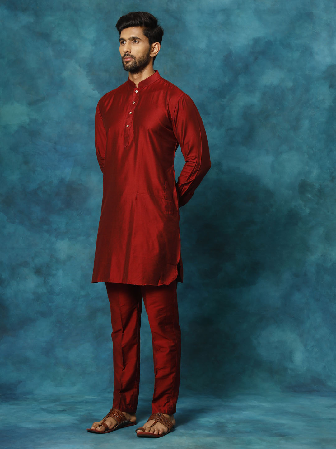 Men's Maroon Viscose Curved Kurta Pyjama Set
