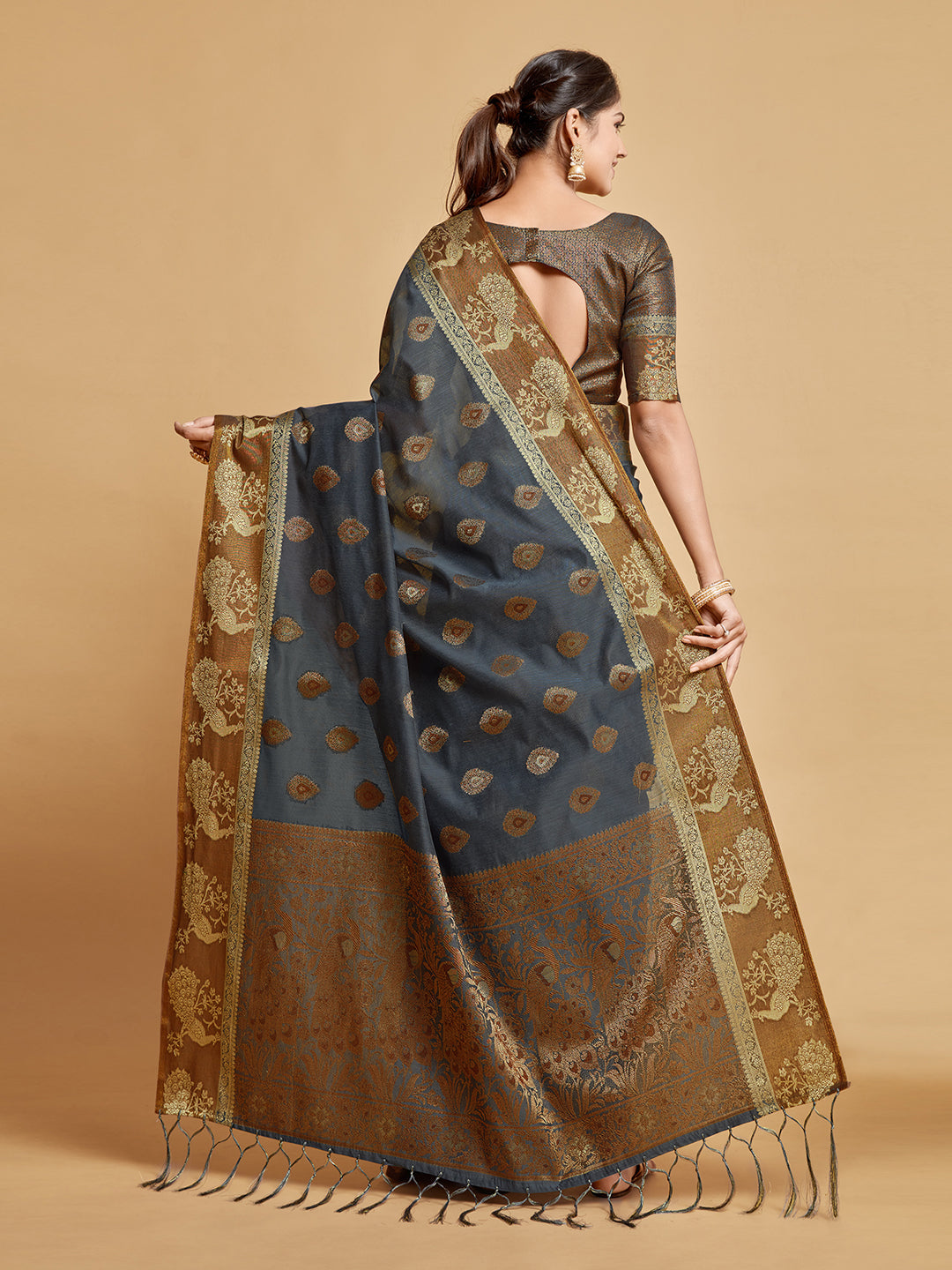 Dhiyona GR Women's Vasudha Warm Grey Zari Woven Design Chanderi Cotton Saree