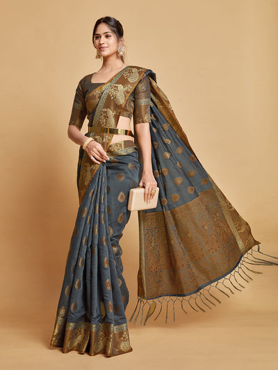 Indyancart GR Women's Vasudha Warm Grey Zari Woven Design Chanderi Cotton Saree
