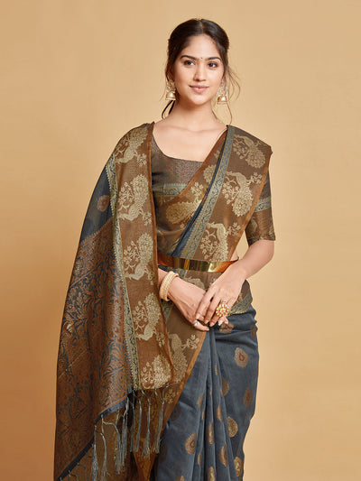 Indyancart GR Women's Vasudha Warm Grey Zari Woven Design Chanderi Cotton Saree