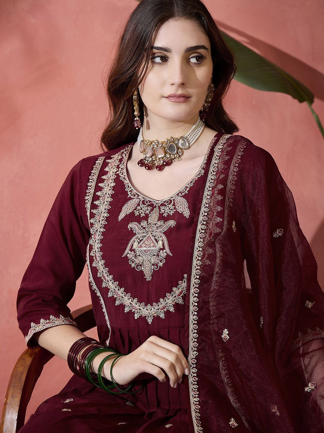 Indyancart SN Women's Floral Embroidered Pleated Sequinned A-Line Kurta With Trouser And Dupatta
