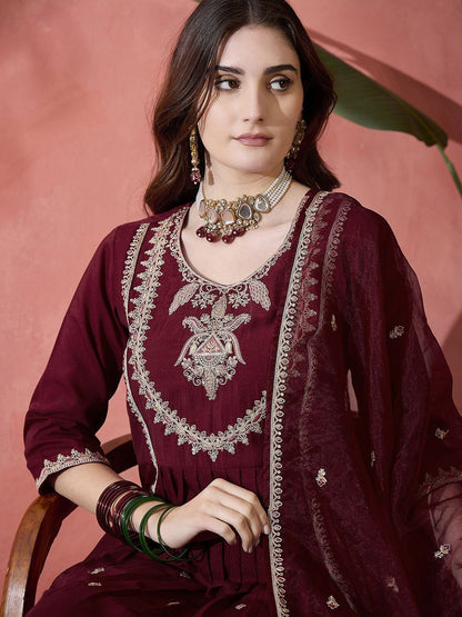 Indyancart SN Women's Floral Embroidered Pleated Sequinned A-Line Kurta With Trouser And Dupatta