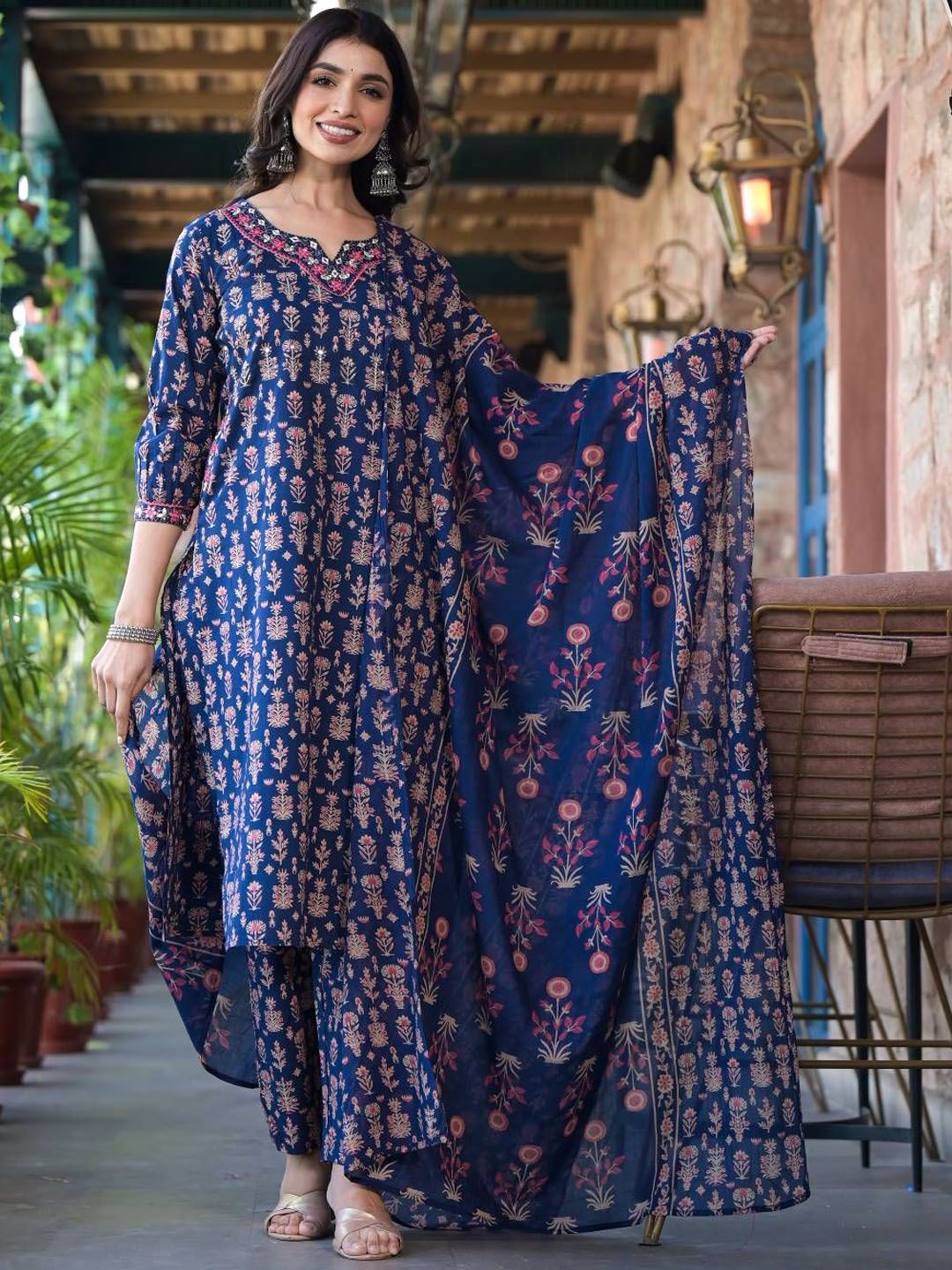 Dhiyona VA Women'sFloral Printed Regular Pure Cotton Straight Kurta with Trousers & With Dupatta