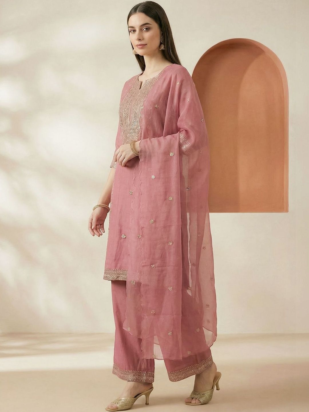 Indyancart IE Women Ethnic Motifs Embroidered Thread Work Kurta with Palazzos & With Dupatta