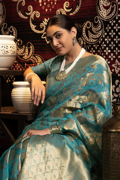 Indyancart GR Women's Vedika Blue Jimmi Choo Zari Woven Saree