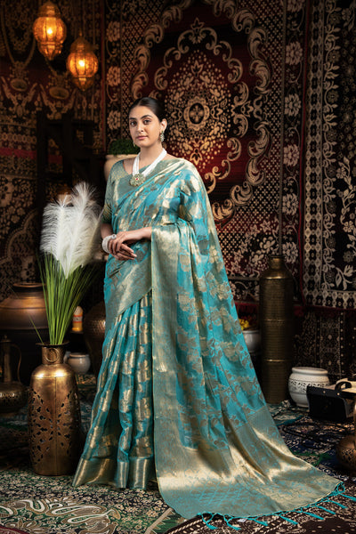 Indyancart GR Women's Vedika Blue Jimmi Choo Zari Woven Saree