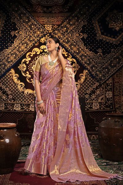 Indyancart GR Women's Vedika Pink Jimmi Choo Zari Woven Saree