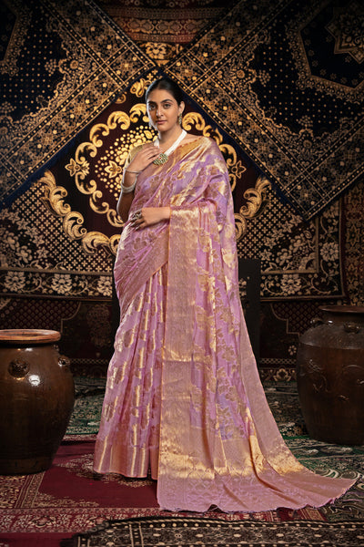 Indyancart GR Women's Vedika Pink Jimmi Choo Zari Woven Saree