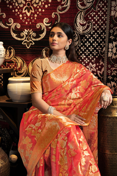 Indyancart GR Women's Vedika Red Jimmi Choo Zari Woven Saree