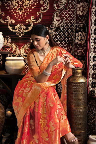 Indyancart GR Women's Vedika Red Jimmi Choo Zari Woven Saree