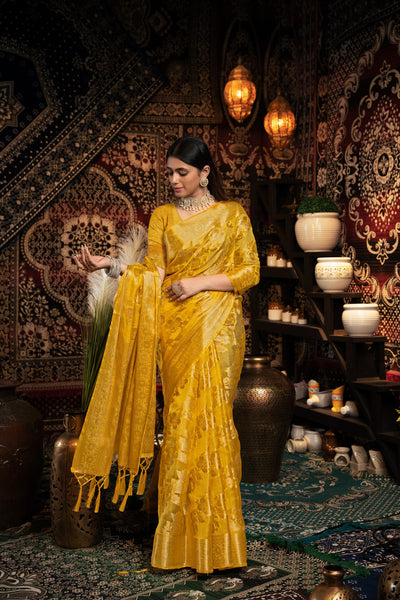 Indyancart GR Women's Vedika Yellow Jimmi Choo Zari Woven Saree