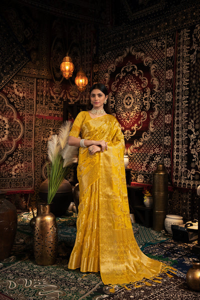 Indyancart GR Women's Vedika Yellow Jimmi Choo Zari Woven Saree