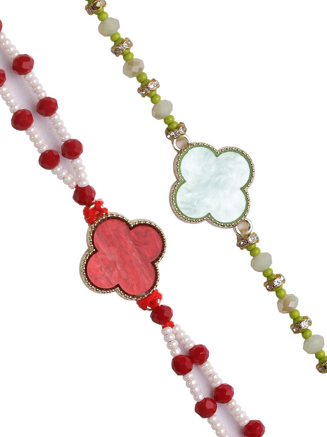 Anouk Set Of 2 Red Beaded Rakhi With Roli Rice & Greeting Card