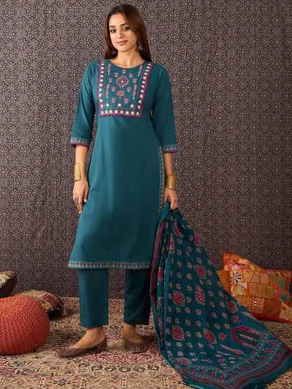 Women Embroidered Regular Thread Work Pure Cotton Kurta with Trousers & Dupatta