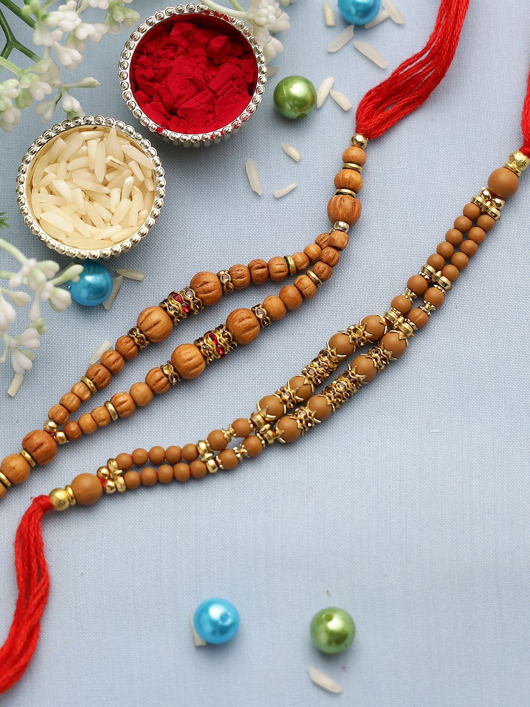 Anouk Set Of 2 Brown Beaded Rakhi With Roli Rice & Greeting Card