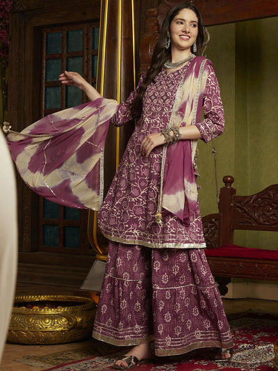 Indyancart SN Women's Floral Printed Pleated Mirror Work Pure Cotton Kurta with Sharara & Dupatta