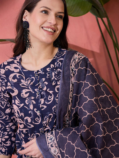 Indyancart SN Women's Floral Printed Pure Cotton Anarkali Kurta With Trouser And Dupatta