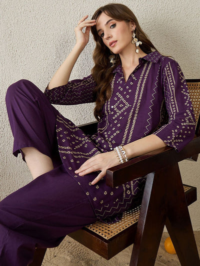 Indyancart IE Bhandani Printed Pure Cotton Shirt Collar Top With Trousers Co-Ords