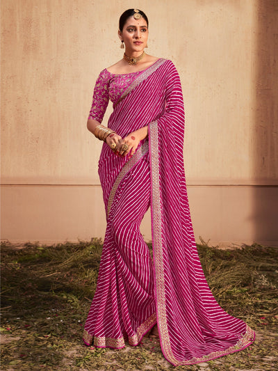 Women's Georgette Magenta Zari Embroidered Designer Saree With Blouse Piece