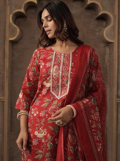 Floral Printed Round Neck Straight Kurta With Trousers & Dupatta