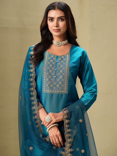Indyancart SN Women's Floral Embroidered Straight Kurta & Trousers With Dupatta