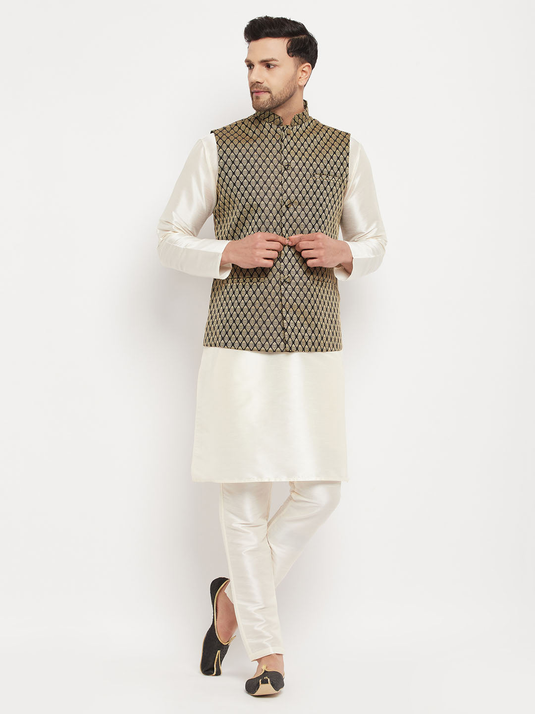 Men's Cream Silk Blend Straight Jacket  Kurta and Pyjama Set